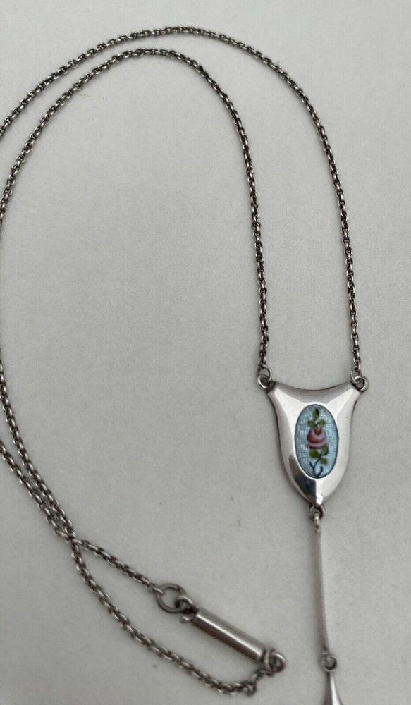 Antique Silver & Enamel Charles Horner Dropper Necklace Pink Rose Spray on Pale Blue Guilloche Enamel circa 1915