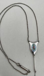 Antique Silver & Enamel Charles Horner Dropper Necklace Pink Rose Spray on Pale Blue Guilloche Enamel circa 1915