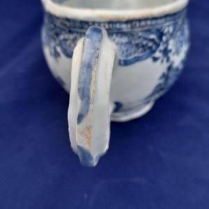 Detail handle view - Chinese Export Porcelain Blue & White Sauce Boat Garden Terrace Pattern with River & Island - Bulbous shape Gadrooned & unfooted - Qianlong Qing 1760