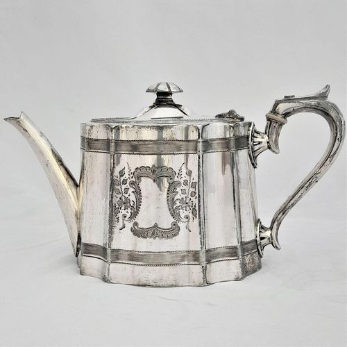 Left side view - James Dixon & Sons silver plated Commode shaped EPBM tea pot engine engraved design - antique George V circa 1920 2 pint capacity