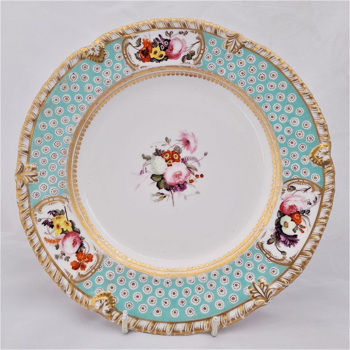 John Rose Coalport porcelain dessert plate - green Oeil De Perdrix lip with  floral cartouches & gadrooned Union pattern border - antique Georgian 1825