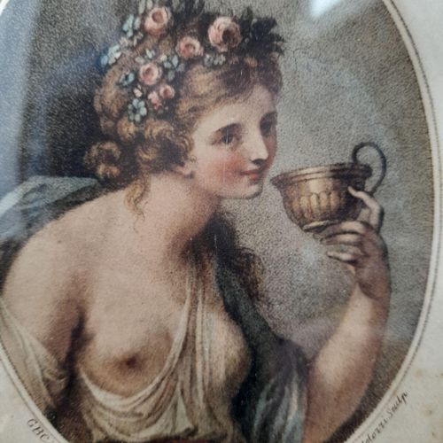 Close up of bacchante image glazed : Antique Francesco Bartolozzi hand coloured stipple engraved Print of a Bacchante after a painting by Giovanni Battista Cipriani circa 1780 Oval Frame