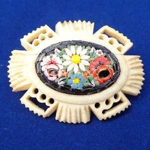 Antique Victorian Micro Mosaic and Carved Bovine Bone Brooch Pin Flowers c 1890