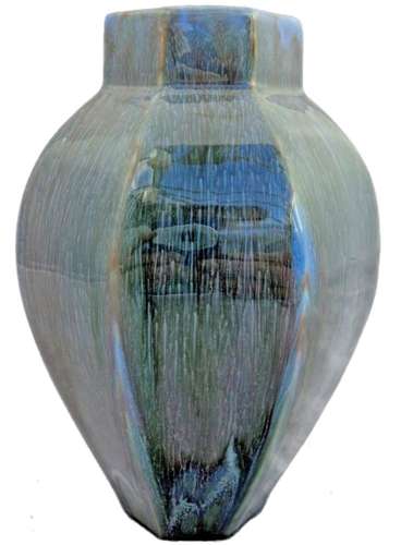 Chinese Flambe Octagonal Vase Blue & Purple Streaked Glaze Antique c 1910