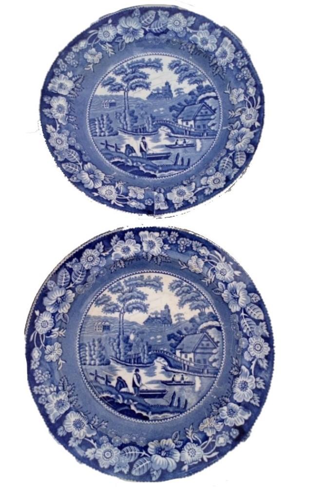 Pair Antique Pottery Blue and White Plates Wild Rose Nuneham Courtenay c 1825