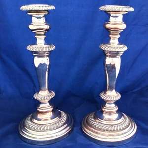 Silver Plated Pair Candlesticks Old Sheffield Plate 10 3/4 in. Antique c 1830