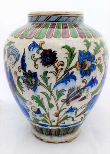 Persian Qajar Dynasty Pottery Vase Painted Underglaze Enamels Antique 19th C