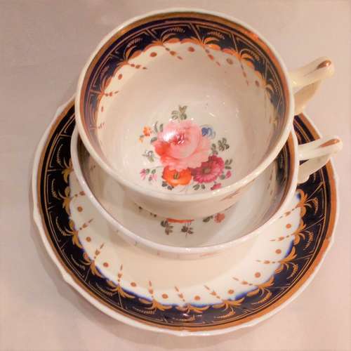 Samuel Alcock Porcelain Trio Painted Flowers Cups & Saucer Antique English 1835