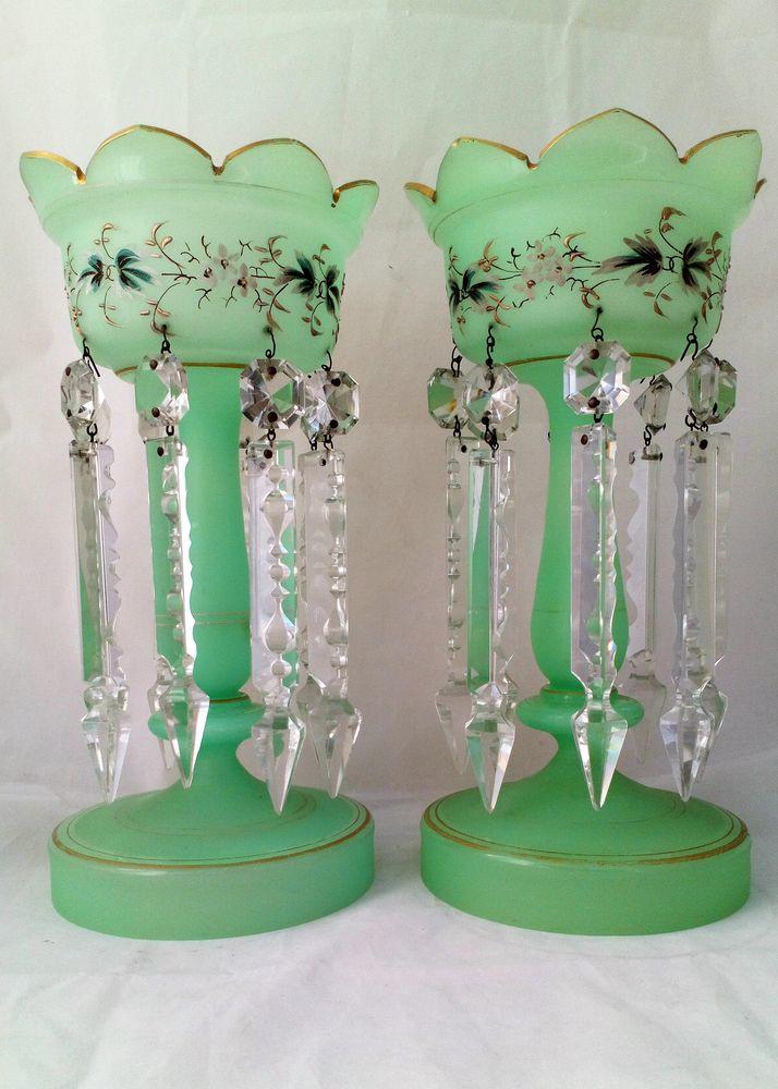 Pair of Green Opaque Uranium Glass Mantle Lustre Vases Antique Victorian