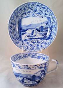 Wedgwood Bone China Bute Shape Tea Cup & Saucer Blue Transferware c 1815 no 2