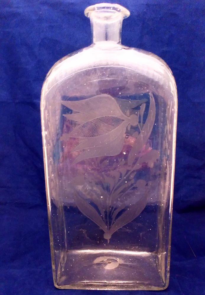 Large Dutch Engraved Glass Spirit Decanter circa 1750 Tulips and Lily