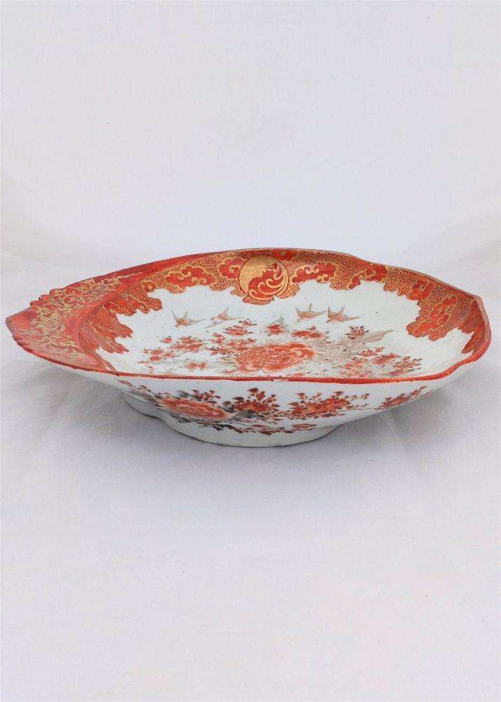 Japanese Kutani Porcelain Leaf Shaped Dish Bids and Flowers Meiji c 1880