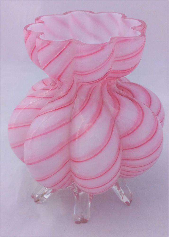 Pink Striped Cased Art Glass Vases Clear Glass Applied Feet  Webb's c 1880