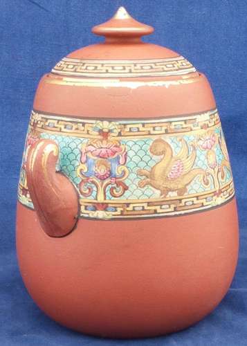 F and R Pratt Terracotta Twin Handled Lidded Sucrier Griffin Pattern c 1860