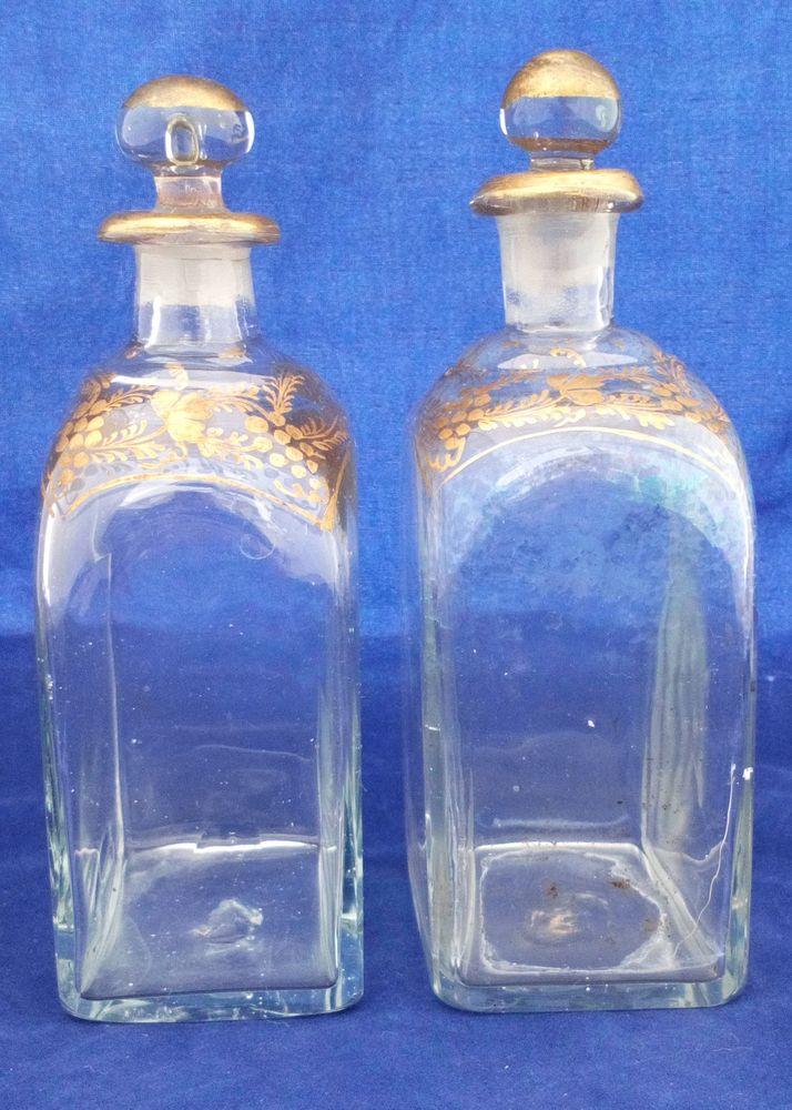 Pair Georgian Dutch Style Glass Spirit Decanter Antique c 1800 Gilded Grapevines