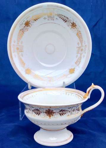 Antique Old Paris Porcelain Vieux Paris Pedestal Footed Cup and Saucer Serpent Handle Circa 1845