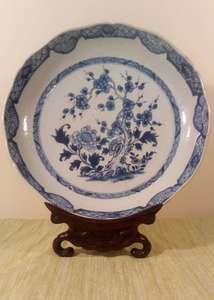 Chinese Porcelain Dish Blue and White Prunus and Peony Qianlong Qing 1780