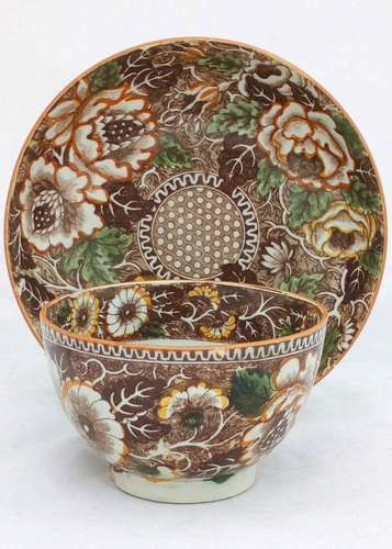 Antique Pearlware Brown Transferware Printed Tea bowl and Saucer Exuberant Flowers Pattern Highlighted with Pratt underglaze high Temperature Colours circa 1800