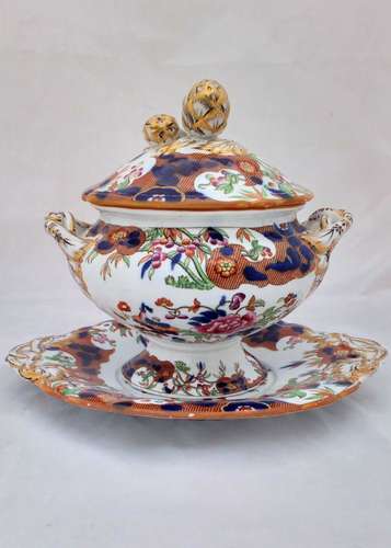 Antique Minton Best Body Pottery Sauce Tureen Flow Blue and D'Orsay Japan hand coloured transfer ware pattern  diamond registration mark dated 4th December 1846