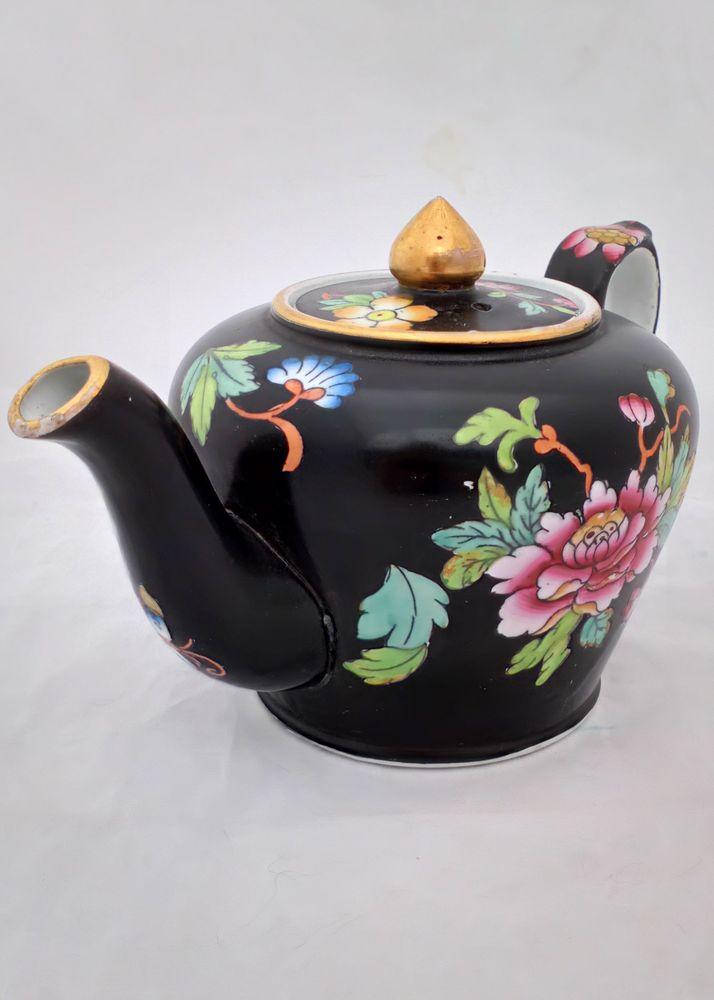Antique Davenport Pottery Transfer printed Chrysanthemum Floral Spray Teapot with a Matt Black Ground circa 1860