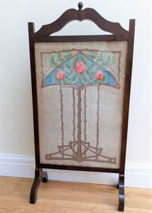 Antique Art Nouveau Glasgow School Embroidered Fire Screen Glasgow Roses Charles Rene Mackintosh Style Stained Dark Wood Frame circa 1900