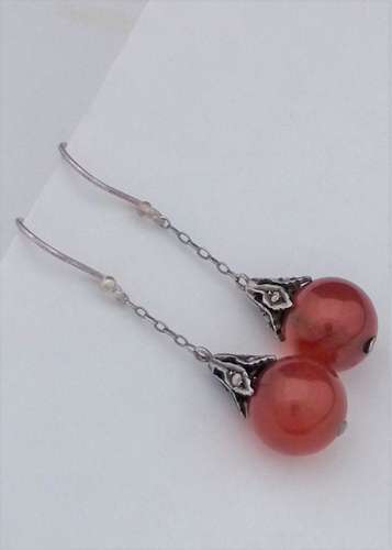 Antique Edwardian to 1920s Long Dropper Earrings Silver Carnelian and Marcasite