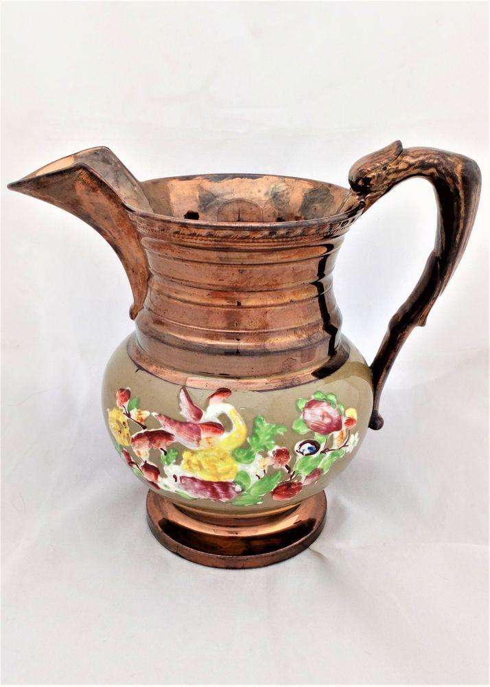 Antique Phoenix Handled Copper Lustre Jug Enamelled Sprigged Exotic Bird and flowers circa 1835