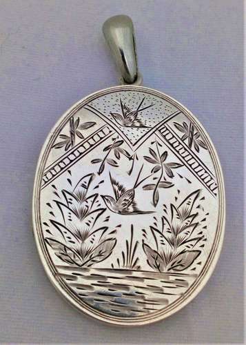 Antique Aesthetic Movement Large Silver Locket Engraved Japonesque Pattern circa 1870
