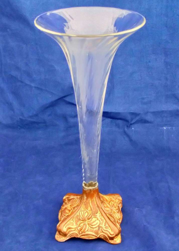 Art Nouveau Metal and Glass Epergne Floral Embossed Base Wrythen Trumpet Antique c 1890