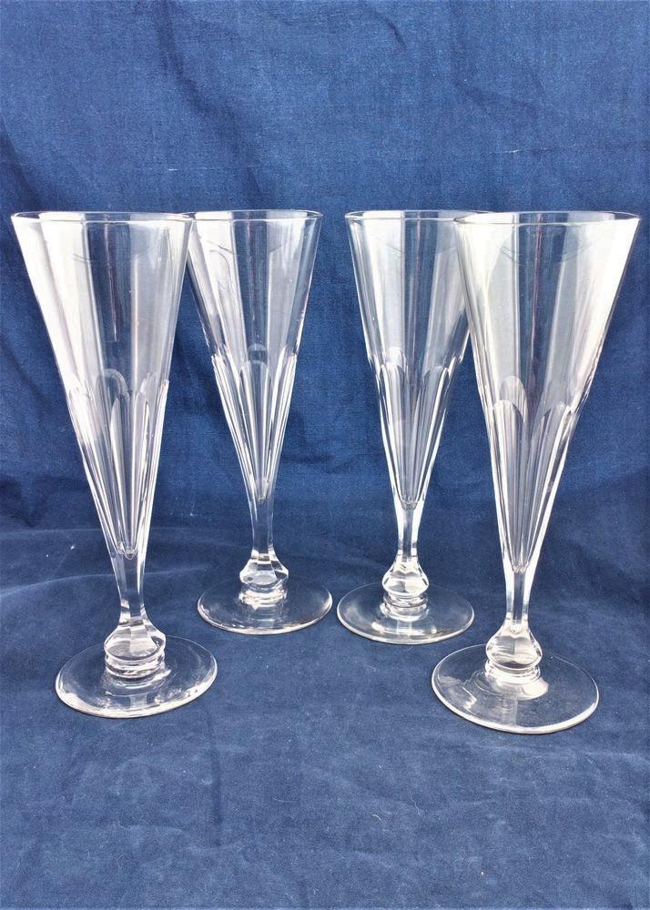 Set of four antique Victorian conical champagne flute wine glasses with faceted baluster knop bowl 19th Century circa 1860