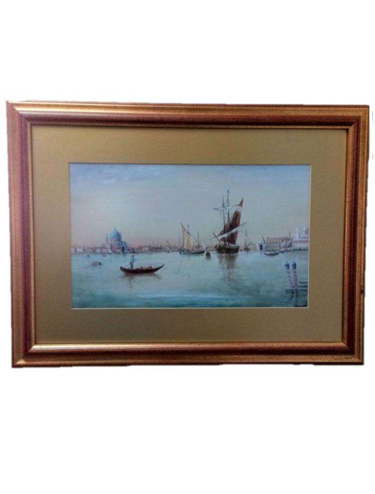 Antique oil painting of a gondola and sailing barges on the Grand Canal in Venice Italy Signed M Aiken Re-Framed Gilt Mounted Early 20th C