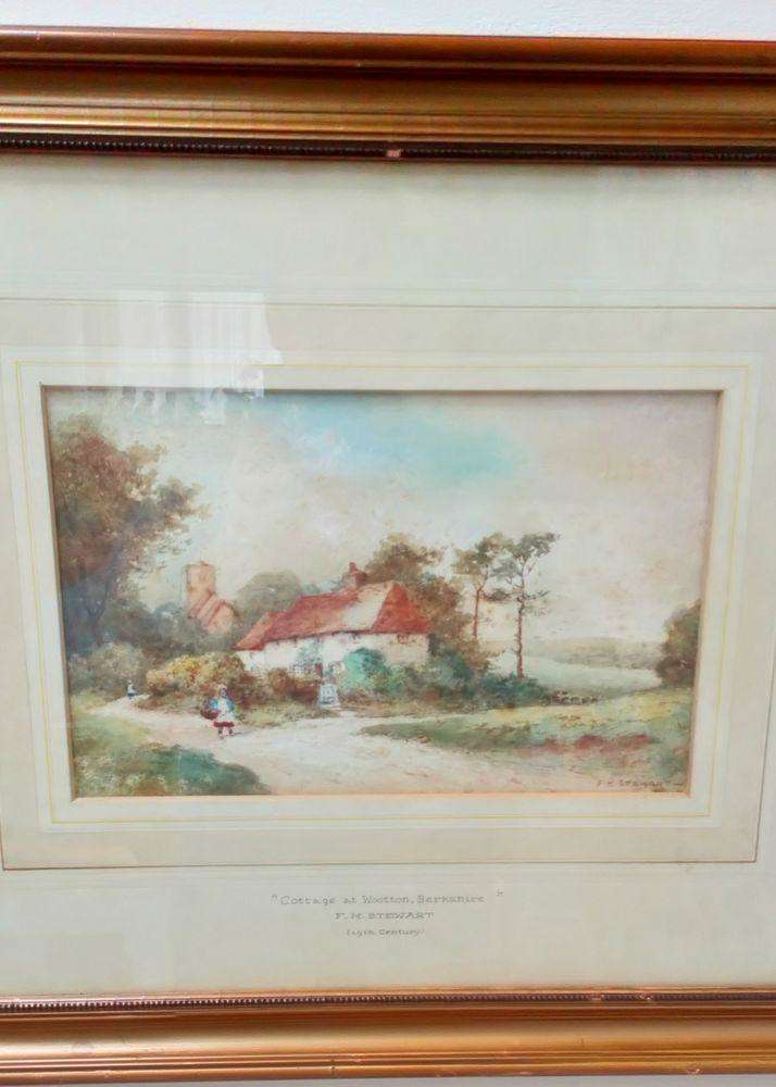 Antique 19th Century Watercolour Painting of a "Cottage at Wootton Berkshire" by F.H. Stewart