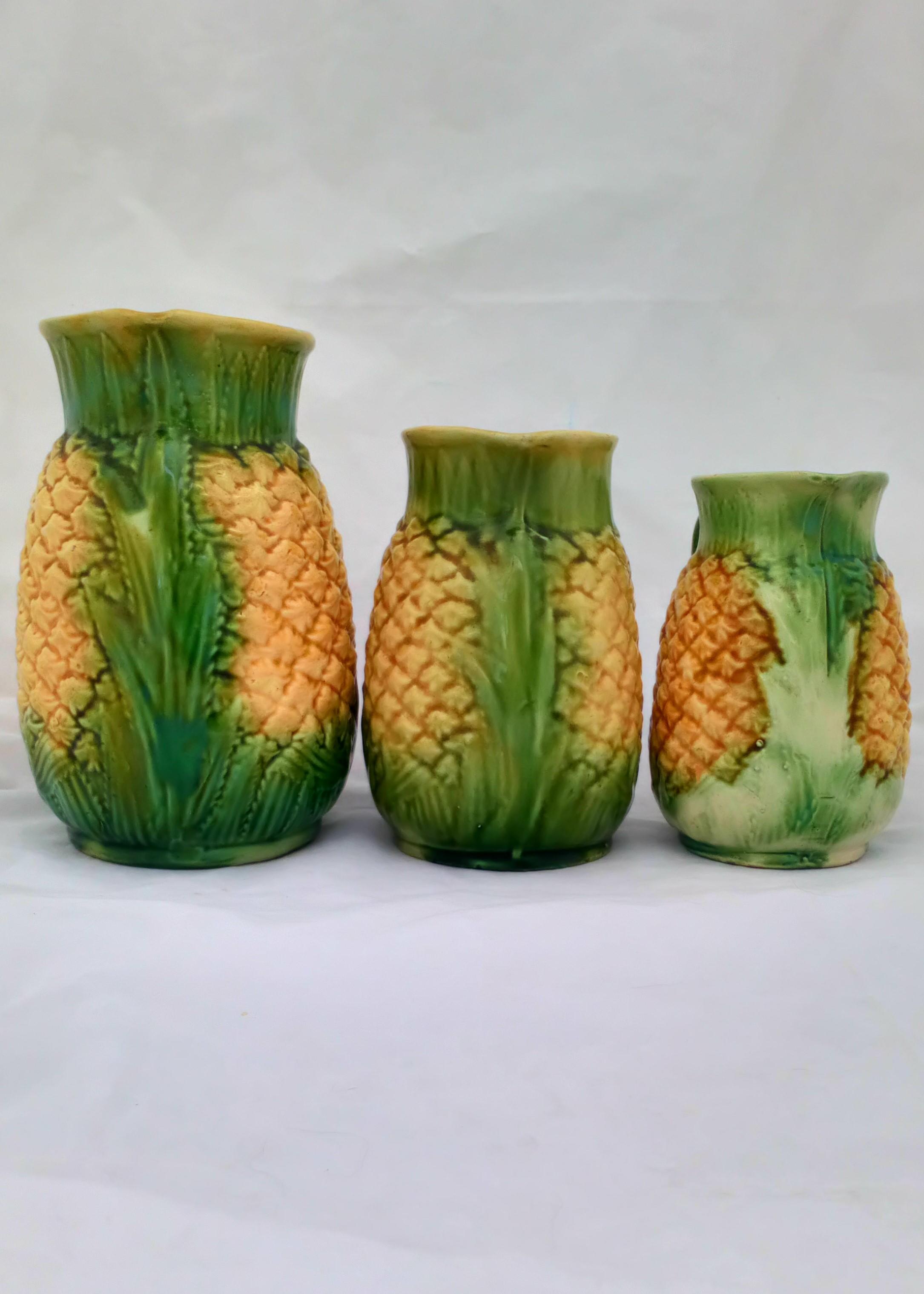 Majolica Pineapple Jugs Graduated Set 3 Naturalistic Antique Victorian