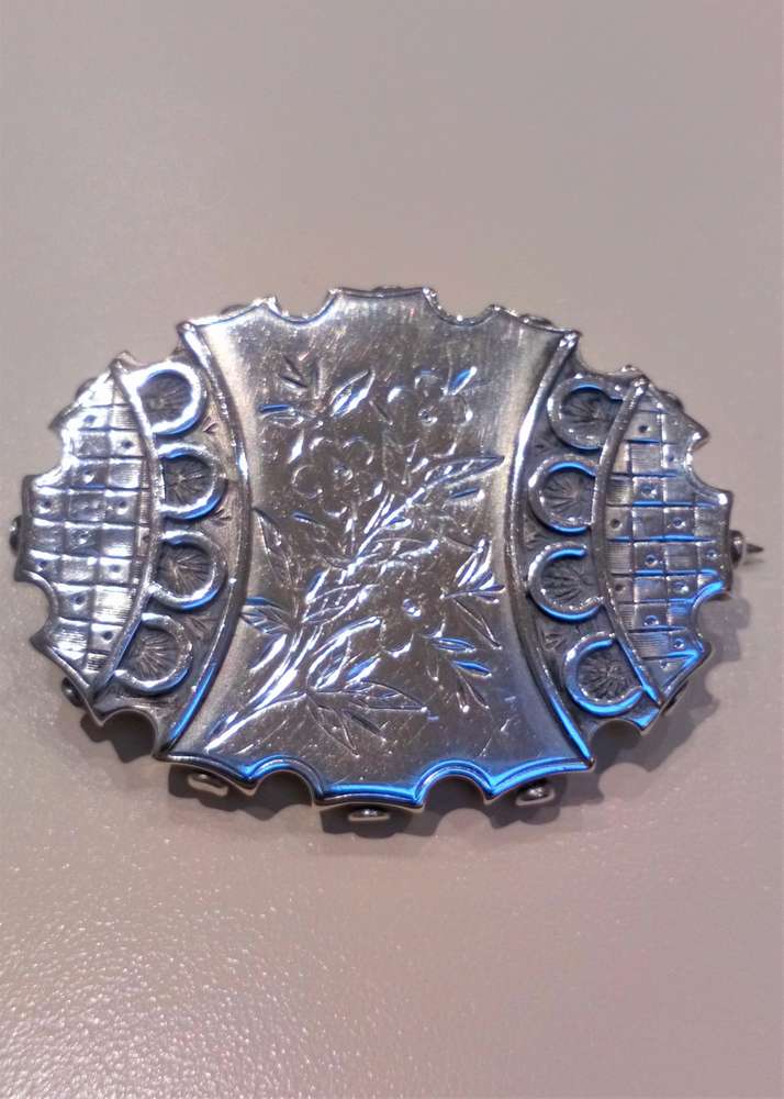 Antique Victorian Silver Locket Back Brooch Aesthetic Movement Design circa 1880 1.7 inches wide
