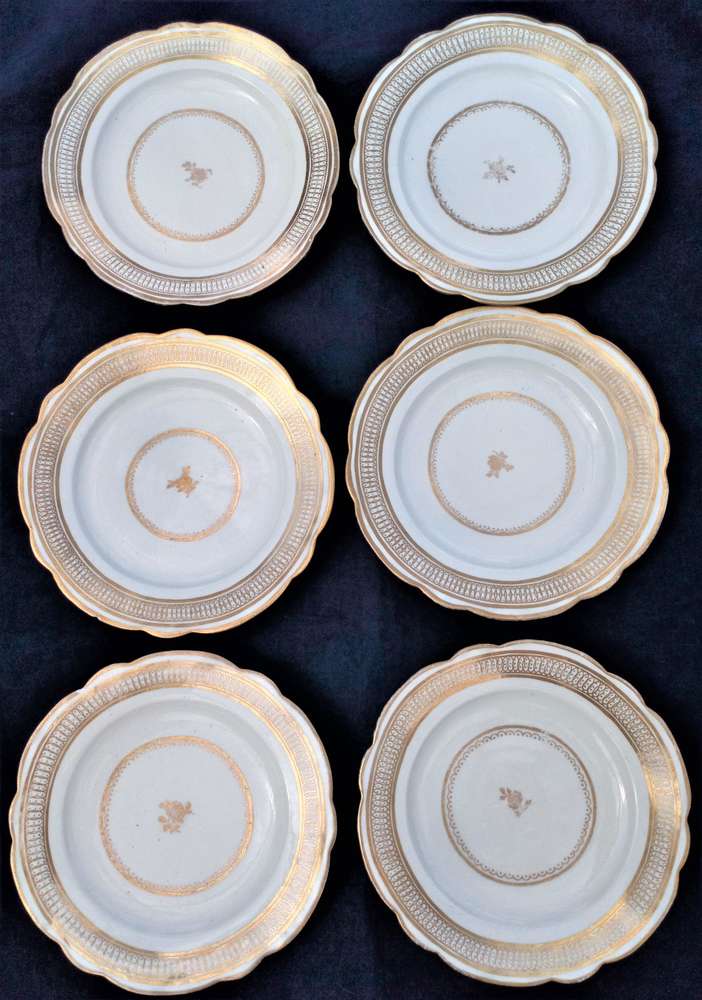 Set Six John Rose Coalport Porcelain Dessert Plates Gilt Ellipse & Dot c 1798