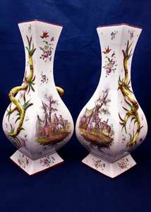 A vintage pair of large square baluster shaped French faience Vases in the 18th century Marseilles style of Gaspard Robert or la Veuve Perrin mid 20th century