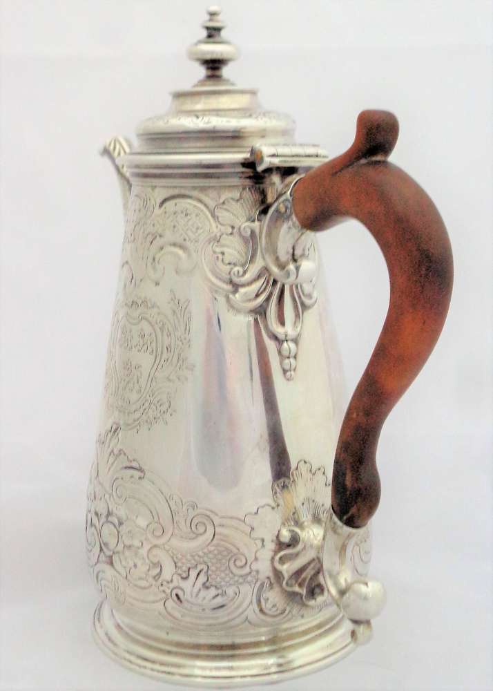 George II Sterling silver coffee pot by Paul Crespin Hallmarked London 1750 converted from a Chocolate pot.