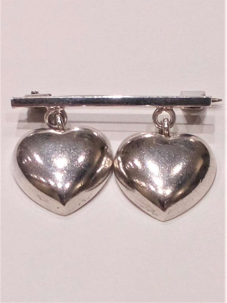 Vintage Danish 830 Silver Solid Double Heart Dropper Sweetheart Brooch 20th C