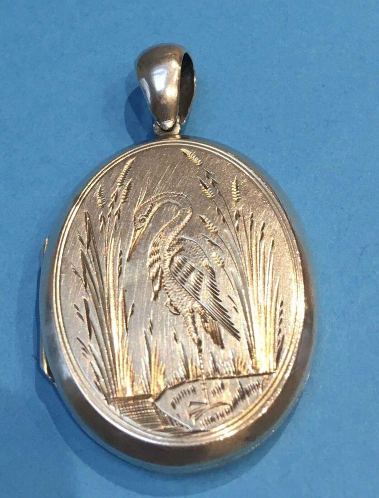 Antique Silver Aesthetic Movement Large Locket Engraved Crane or Heron c 1870