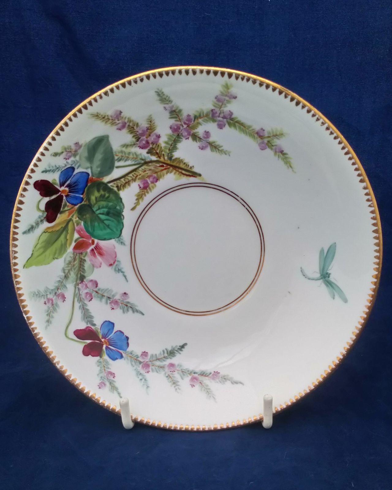 Antique early Aesthetic Movement English porcelain cup and saucer hand painted floral and dragonfly pattern circa 1860