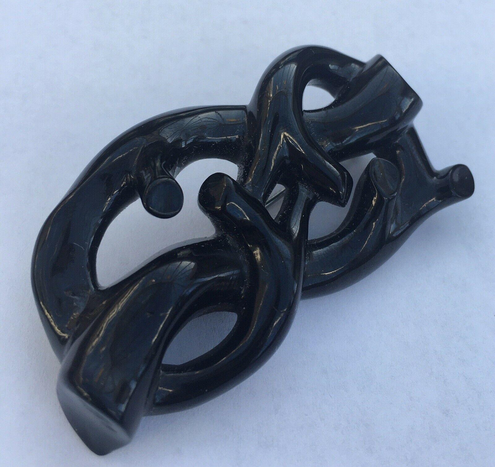 Antique Victorian Whitby Jet Lovers Knot Brooch Naturalistic Carved Large c 1870