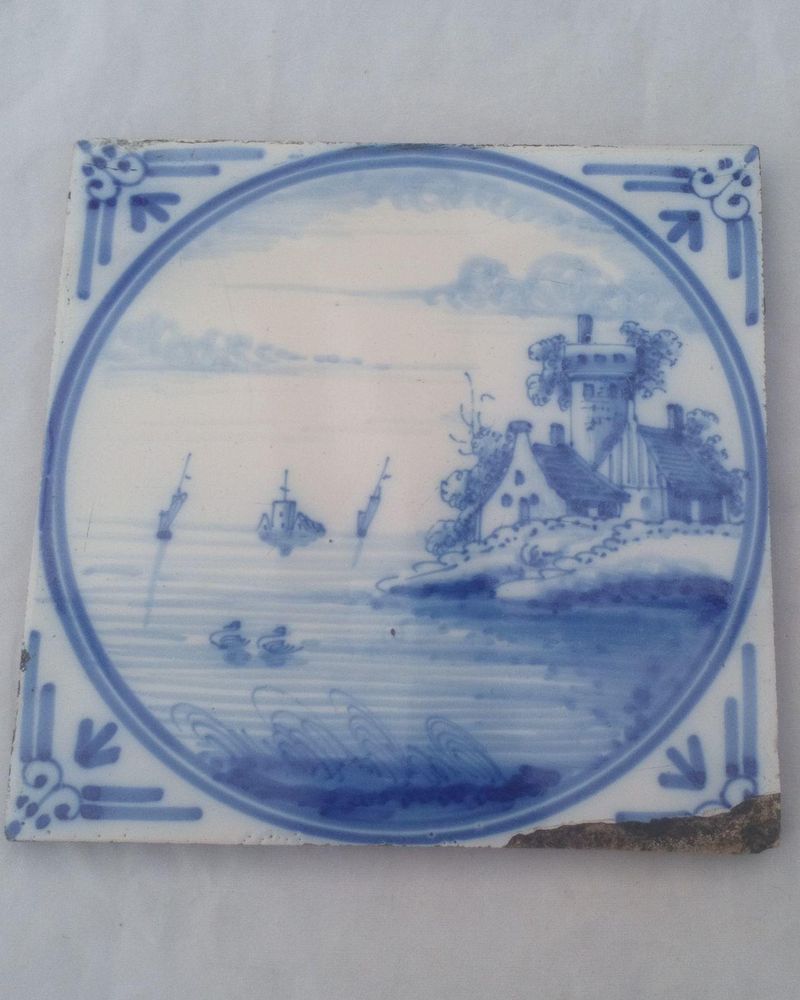 Antique late 18th century Dutch Delft Tile Blue and White Fortress Seascape 13 cm square
