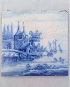 Antique 18th century Dutch Delft Tile Blue and White Ferry to Church Seascape