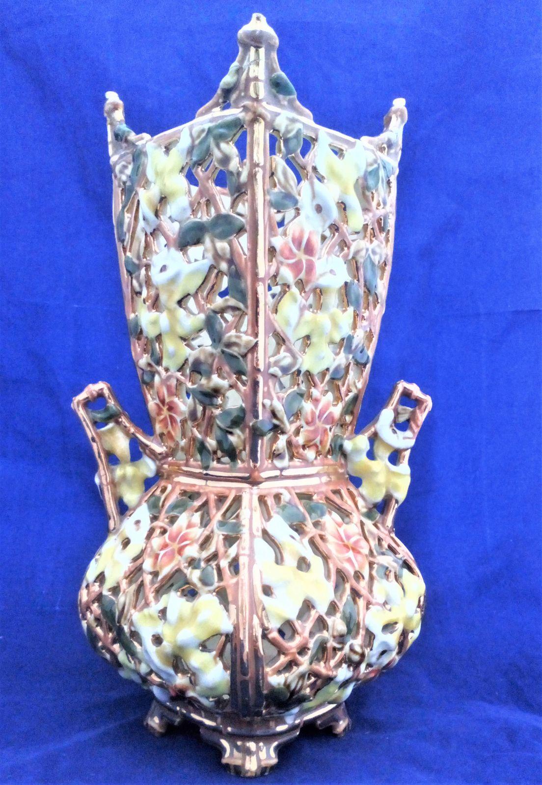 An antique Zsolnay Pecs Square Reticulated Vase Shape 3695 decorated with orchids and flowers circa 1895 Austria Hungarian