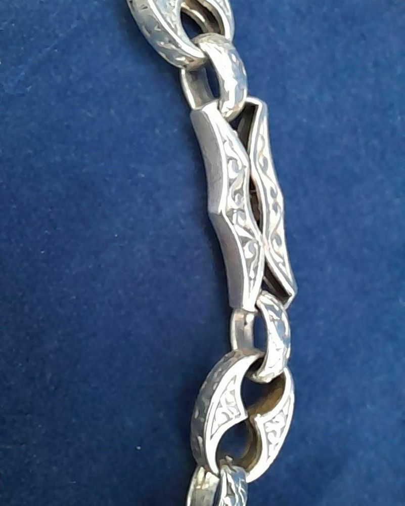 Vintage Victorian Style 925 Silver Fancy 37 in Long Chain Dog Clip Embossed Design 77 grammes circa 1980