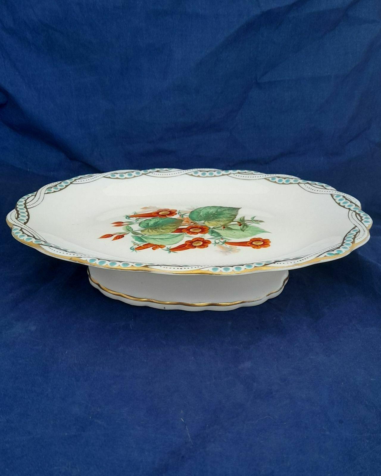 Antique 1840s Victorian Dessert Service Comport Compote Cake stand Probably Minton Argyle Pattern Hand Painted Campanula Flowers