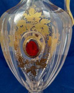 Antique Bohemian ruby red jewelled and gilded clear cut glass pedestal footed hexagonal oviform water jug circa 1870 34.5 cm high 12.8 cm diameter weighs 1246 grammes unpacked 900 ml capacity