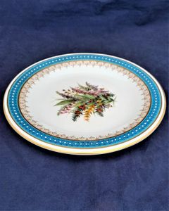 An antique Royal Worcester Porcelain Botanical Dessert Plate Heather Pattern number 8893 impressed date code 1904 Jewelled rim