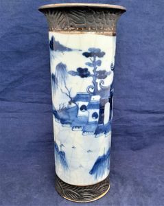 Antique Chinese porcelain crackle glaze vase hand painted blue & white Island temple and bridge pattern with brown etched rim Chenghua mark but antique Qing late 19th century. 10 inches high