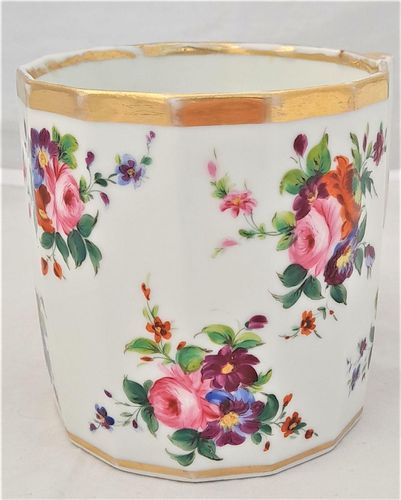 An antique English porcelain Thomas Rose Coalport Porcelain fourteen sided faceted pint sized mug or tankard with hand painted flowers and square or French handle circa 1805